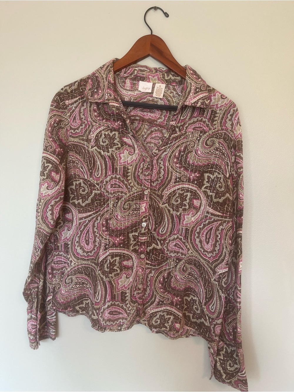 Daytrip Pink Brown Paisley Top with Metallic Accents 97% Cotton 3% Metallic